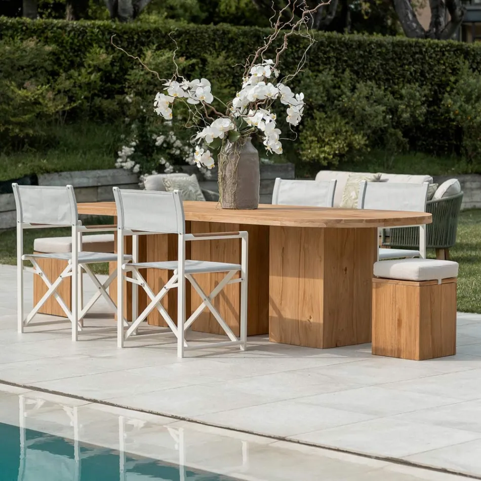 Stůl s deskou z kartáčovaného teakového dřeva a zaoblenými rohy - Destination Viadurini