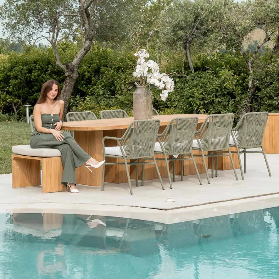 Stůl s deskou z kartáčovaného teakového dřeva a zaoblenými rohy - Destination Viadurini