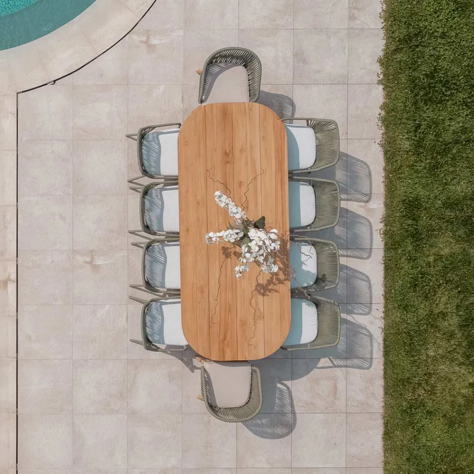 Stůl s deskou z kartáčovaného teakového dřeva a zaoblenými rohy - Destination Viadurini