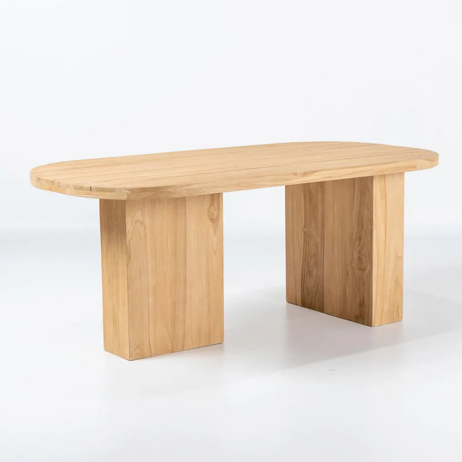 Stůl s deskou z kartáčovaného teakového dřeva a zaoblenými rohy - Destination Viadurini