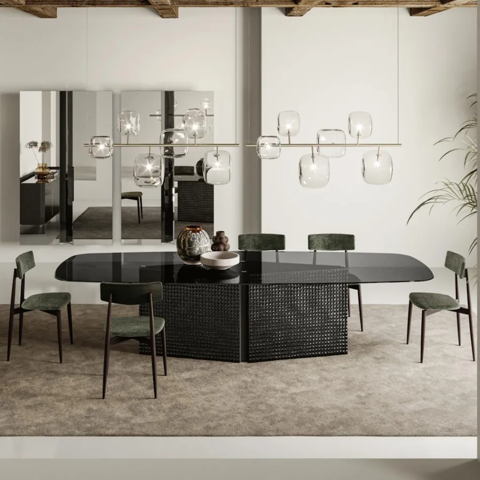 Stůl s tvarovanou skleněnou deskou a podnoží z taveného skla a kovu - Foglietto Viadurini