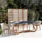 Venkovní stůl s dřevěnou základnou a oceánově modrou keramickou deskou - Infinity Viadurini