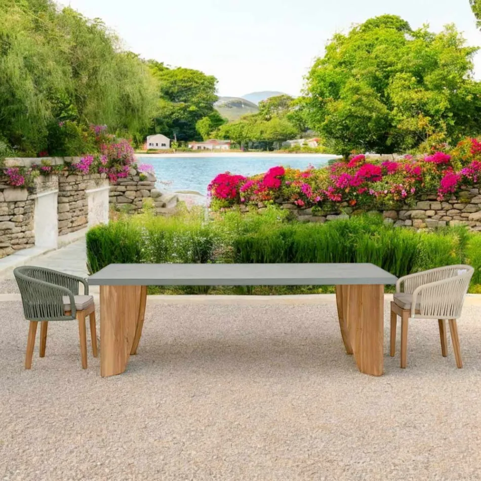 Venkovní stůl v povrchové úpravě Okumè Microcement a Teak Made in Italy - Tužka Viadurini