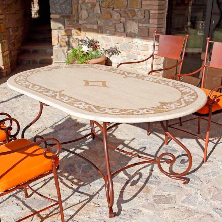 Travertinový venkovní stůl s mozaikovými vložkami vyrobený v Itálii - elegantní Viadurini