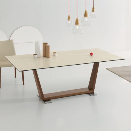 Rozkládací jídelní stůl na 3 m v keramických a dřevěných nohách - Cesteo Viadurini
