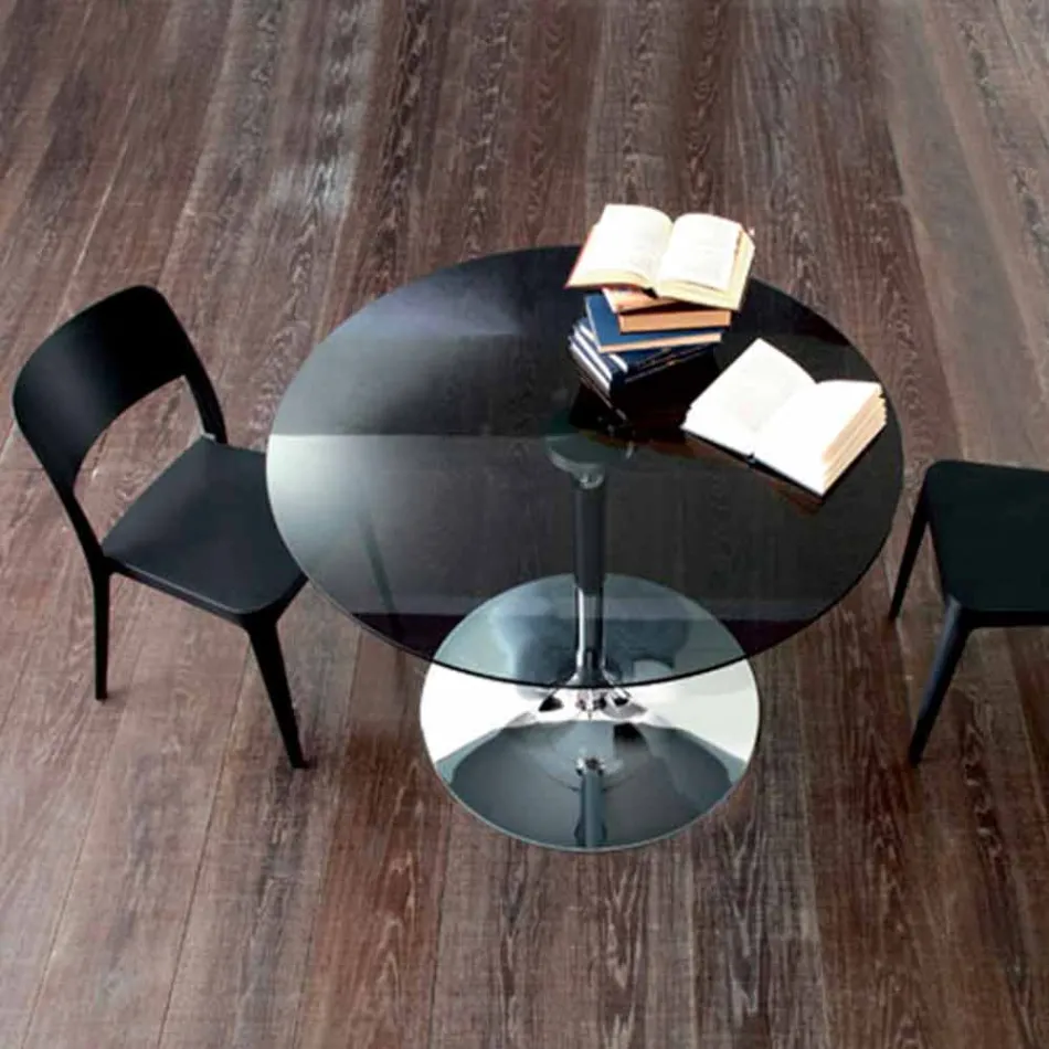 Jídelní stůl s křišťálovou deskou a pochromovanou základnou vyrobený v Itálii - Tallio Viadurini