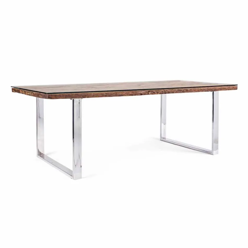 Jídelní stůl Homemotion s deskou ze dřeva a tvrzeného skla - Blanco Viadurini