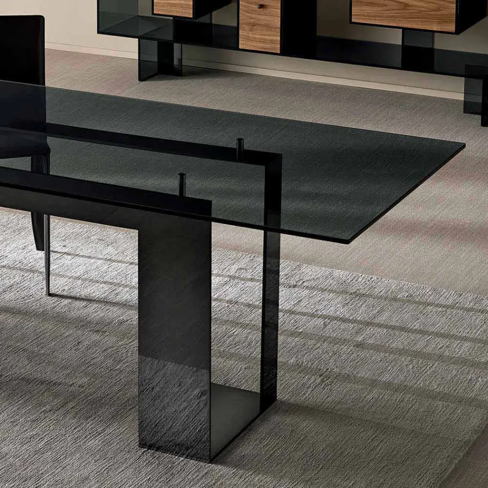 Jídelní stůl s kouřovou skleněnou deskou a kovovou základnou 4 rozměry - Speck Viadurini