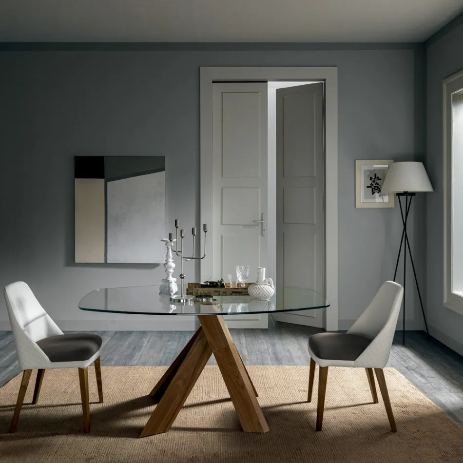 Obývací pokoj Jídelní deska skleněná deska a dřevěné nohy - botanické Viadurini