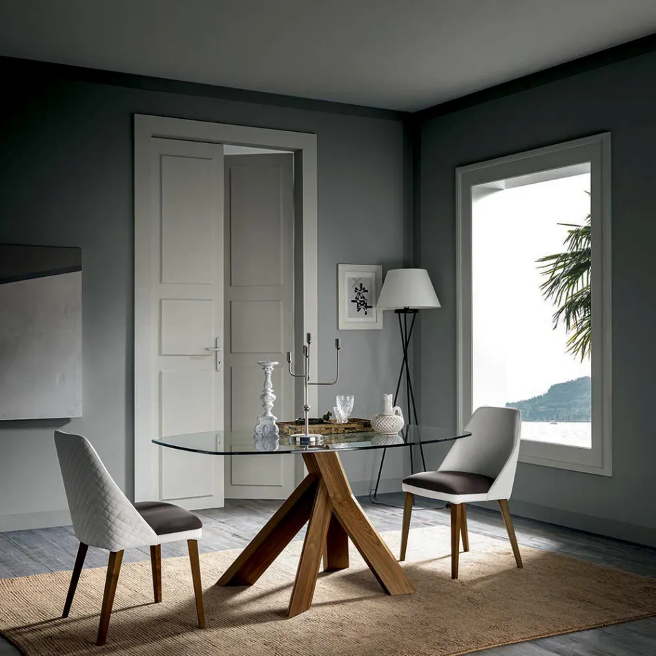 Obývací pokoj Jídelní deska skleněná deska a dřevěné nohy - botanické Viadurini