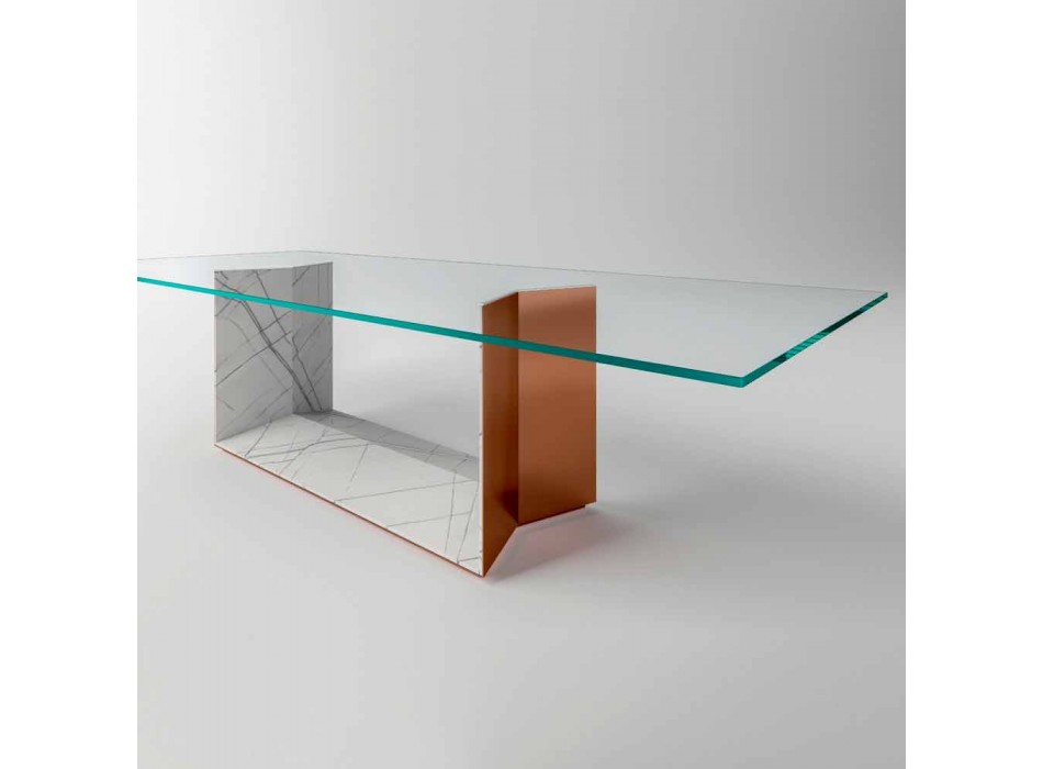 Designový jídelní stůl ve skle s kovovou základnou vyrobený v Itálii - Minera Viadurini