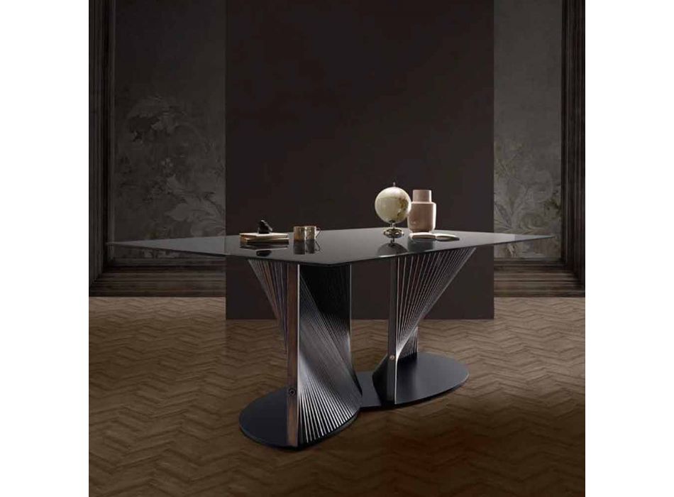 Designový jídelní stůl v kouřovém skle a olejovaném jasanu vyrobený v Itálii - Croma Viadurini