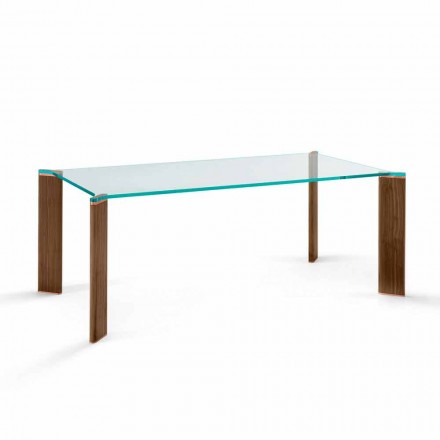 Luxusní jídelní stůl, skleněná deska a dřevěné nohy 4 velikosti - Kuduro Viadurini