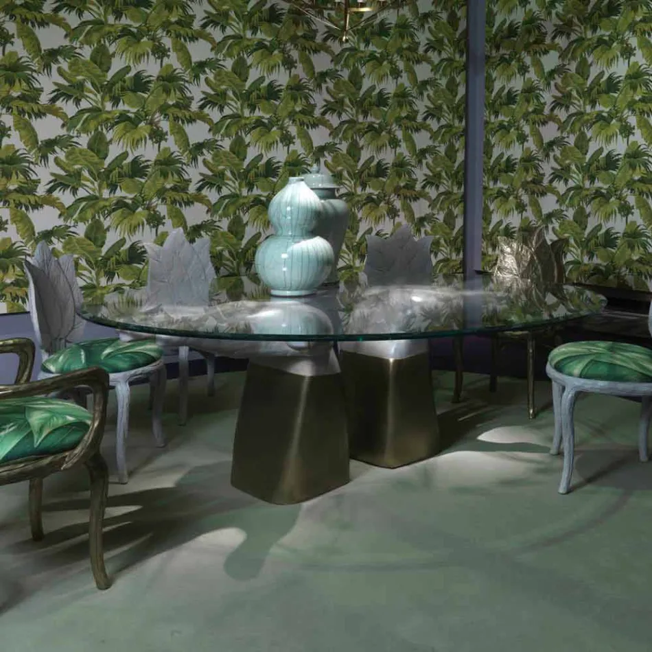 dřevěný jídelní stůl se skleněnou deskou, made in Italy, Bartolo Viadurini