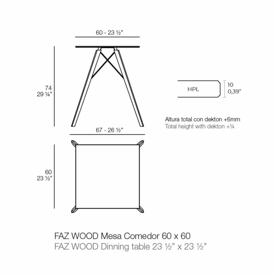Čtvercový designový dřevěný a jídelní stůl HPL, 4 kusy - dřevo Faz od společnosti Vondom Viadurini