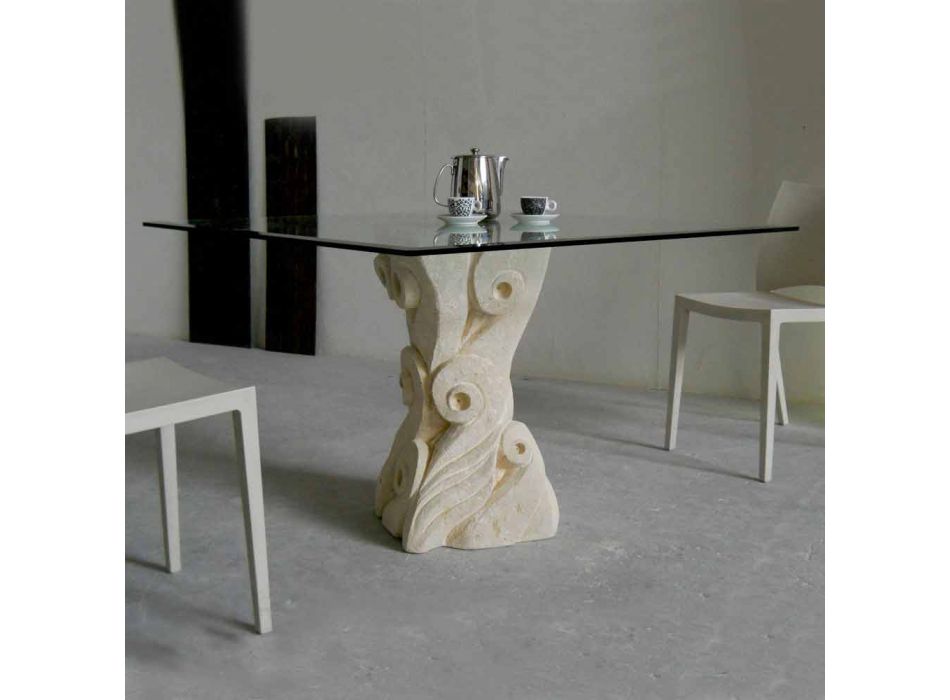 kamenný jídelní stůl se skleněnou deskou designu Giasone Viadurini