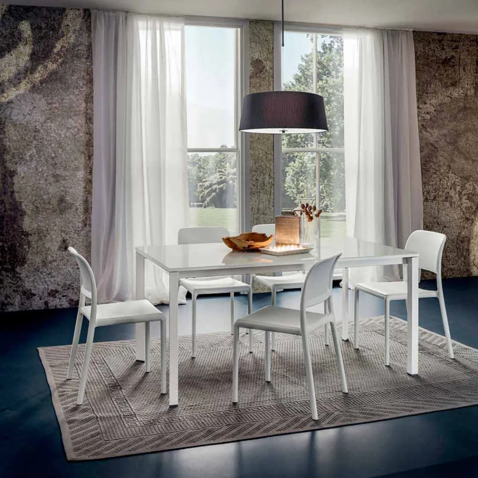 Jídelní stůl z bílého skla a lakovaného kovu vyrobený v Itálii - brož Viadurini