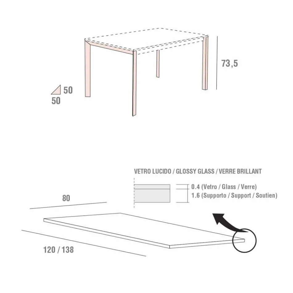 Jídelní stůl z bílého skla a lakovaného kovu vyrobený v Itálii - brož Viadurini