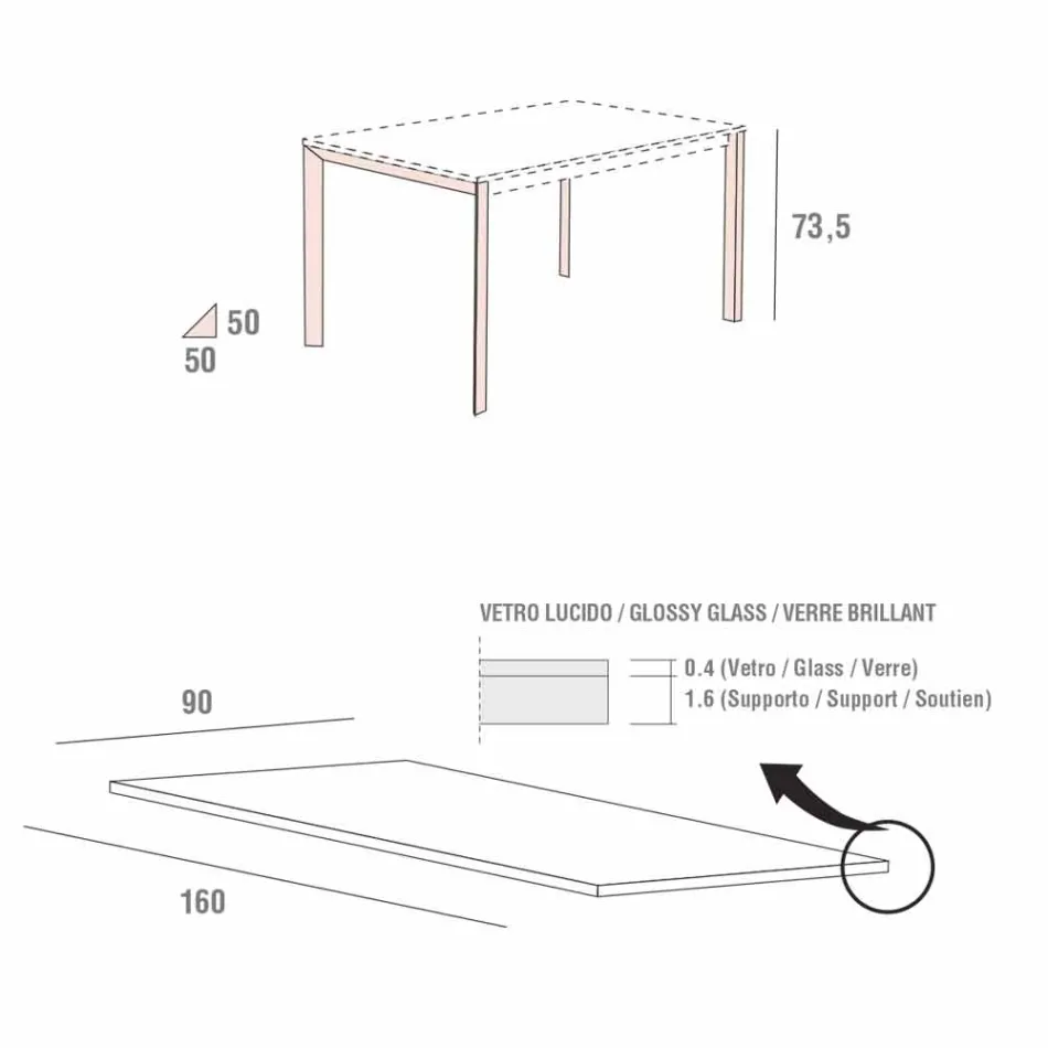 Jídelní stůl z bílého skla a lakovaného kovu vyrobený v Itálii - brož Viadurini
