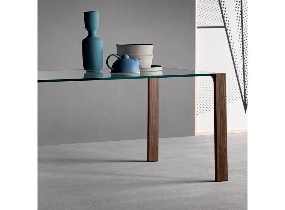 Jídelní stůl ze skla a nohy z dubu nebo ořech Canaletto - Aschio Viadurini