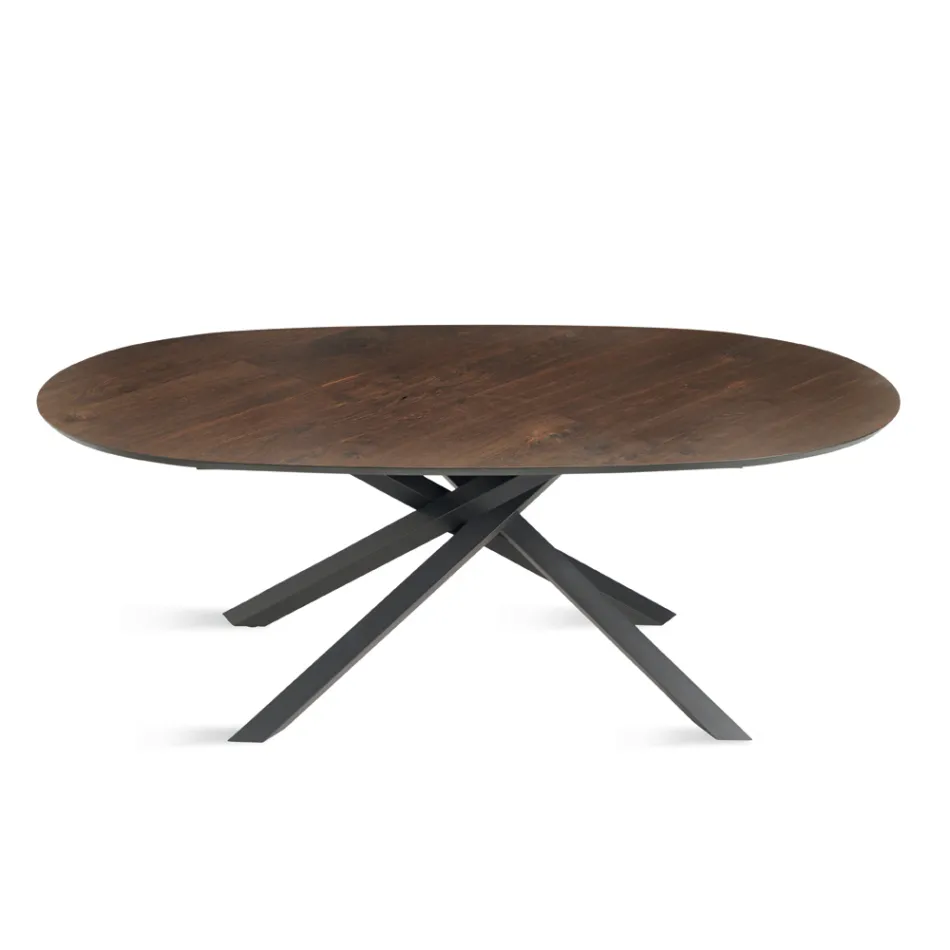 Oválný jídelní stůl z dubové dýhy a černé kovové podnože - Domo Viadurini