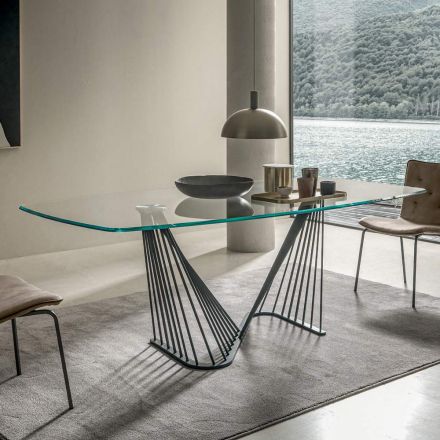 Skleněná deska jídelního stolu a kovová provazová základna 2 velikosti - Alariko Viadurini