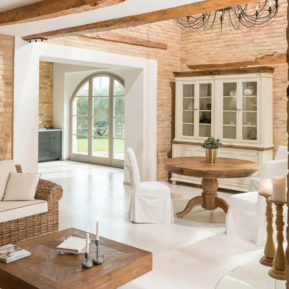 Kulatý jídelní stůl z recyklovaného tropického dřeva s centrální podnoží - skluzavka Viadurini