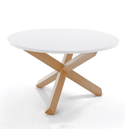 Kulatý jídelní stůl z matné bílé Mdf a masivního dřeva - Dante Viadurini