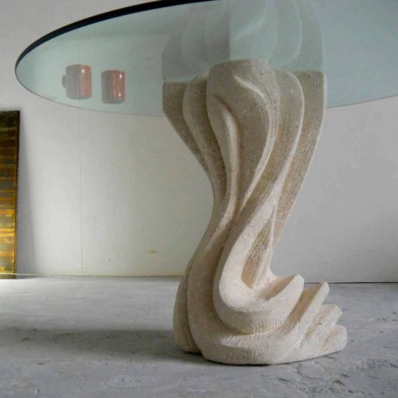 Kulatý jídelní stůl z kamene se skleněnou deskou Cadmus Viadurini