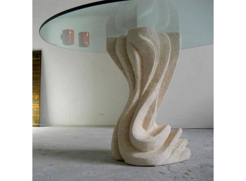 Kulatý jídelní stůl z kamene se skleněnou deskou Cadmus Viadurini