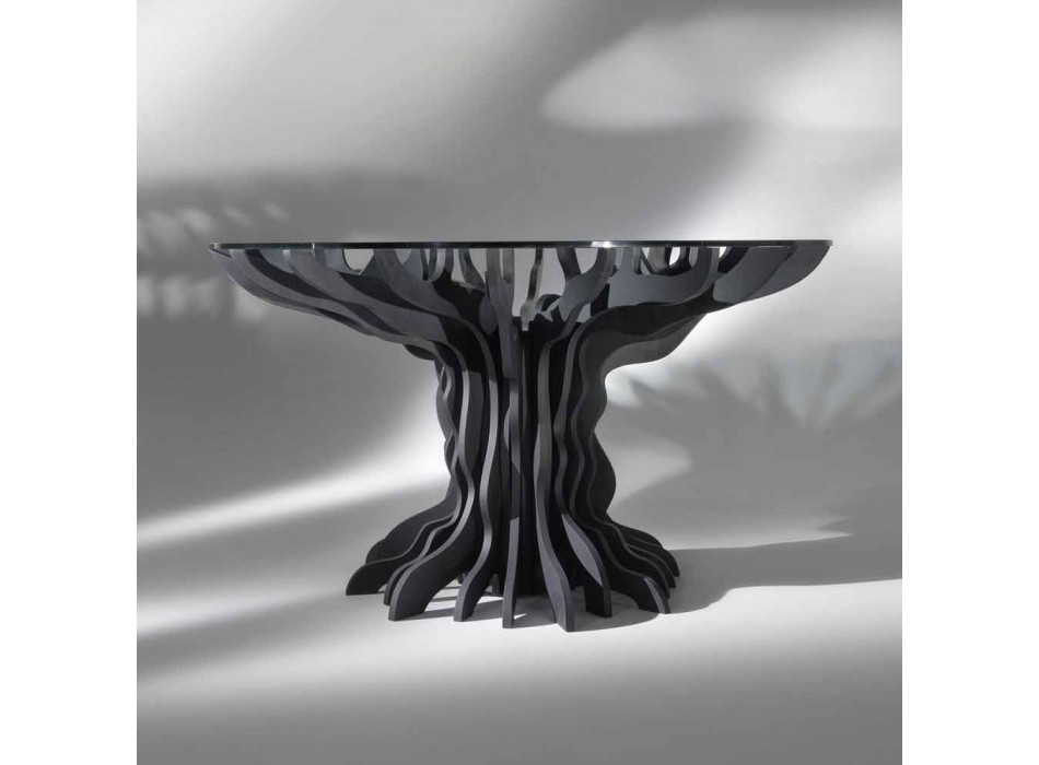 Cassia kulatý jídelní stůl, piano black dřevo a sklo top Viadurini