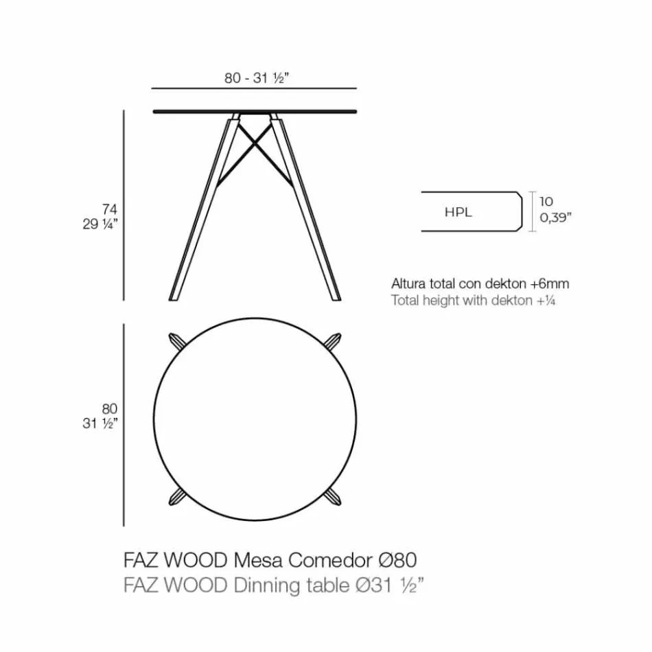 Kulatý jídelní stůl ze dřeva a horní desky, 4 kusy - dřevo Faz od společnosti Vondom Viadurini