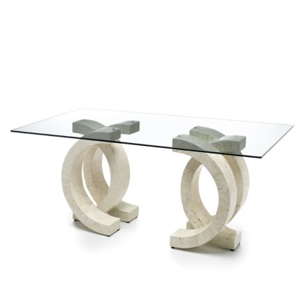 Stůl do obývacího pokoje ze skla a základna z fosilního kamene - Intreccio Viadurini