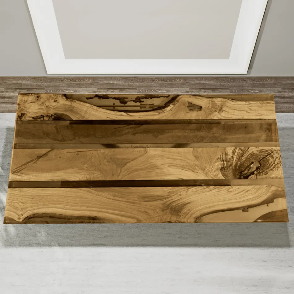 Stůl do obývacího pokoje s dubovou deskou a barevnou epoxidovou pryskyřicí - Miklas Viadurini