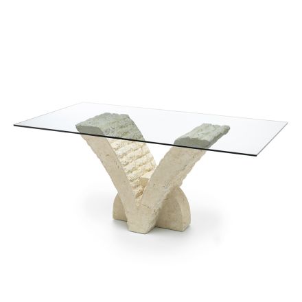Stůl do obývacího pokoje z tvrzeného skla a podnože z fosilního kamene - Vittoria Viadurini