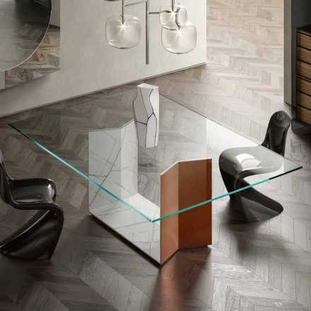 Designový stůl z kovu a mramoru se skleněnou deskou vyrobený v Itálii - Minera Viadurini