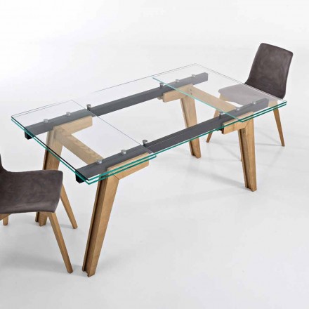 Rozkládací stůl ze skla a masivního dřeva vyrobený v Itálii, Dimitri Viadurini