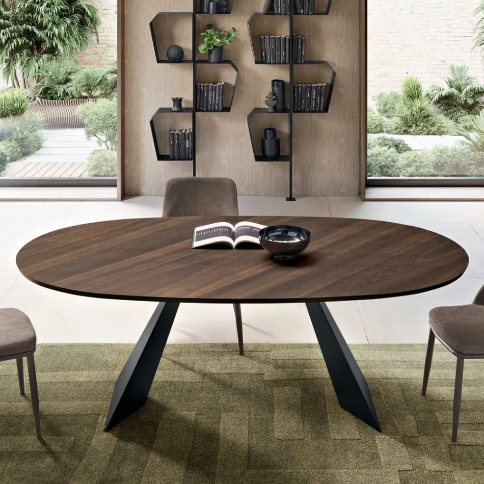 Pevný stůl 210x109 cm z kovu a oválné dýhované dubové podlahy - Marcello Viadurini