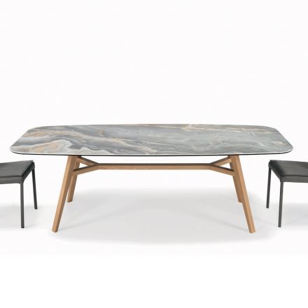 Pevný stůl ve tvaru sudu z keramiky a jasanového dřeva Made in Italy - North Viadurini