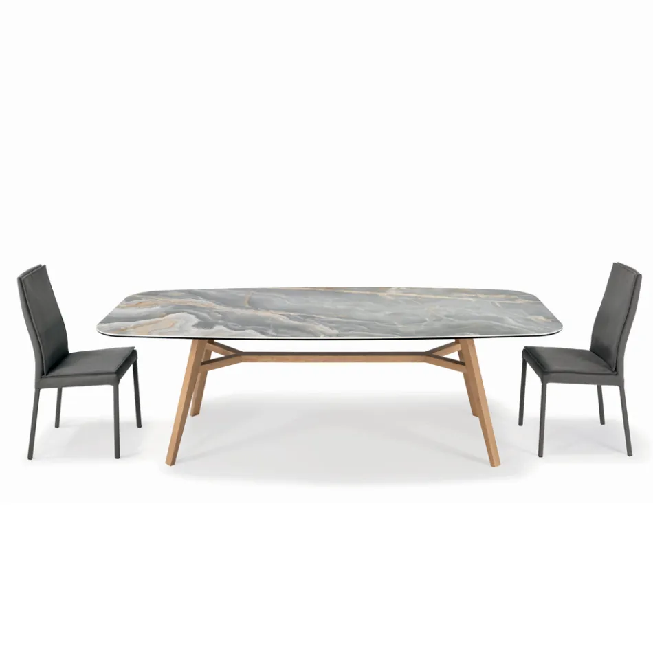 Pevný stůl ve tvaru sudu z keramiky a jasanového dřeva Made in Italy - North Viadurini