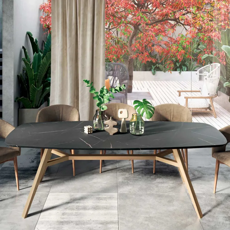 Pevný stůl ve tvaru sudu z laminátu a jasanového dřeva Made in Italy - North Viadurini