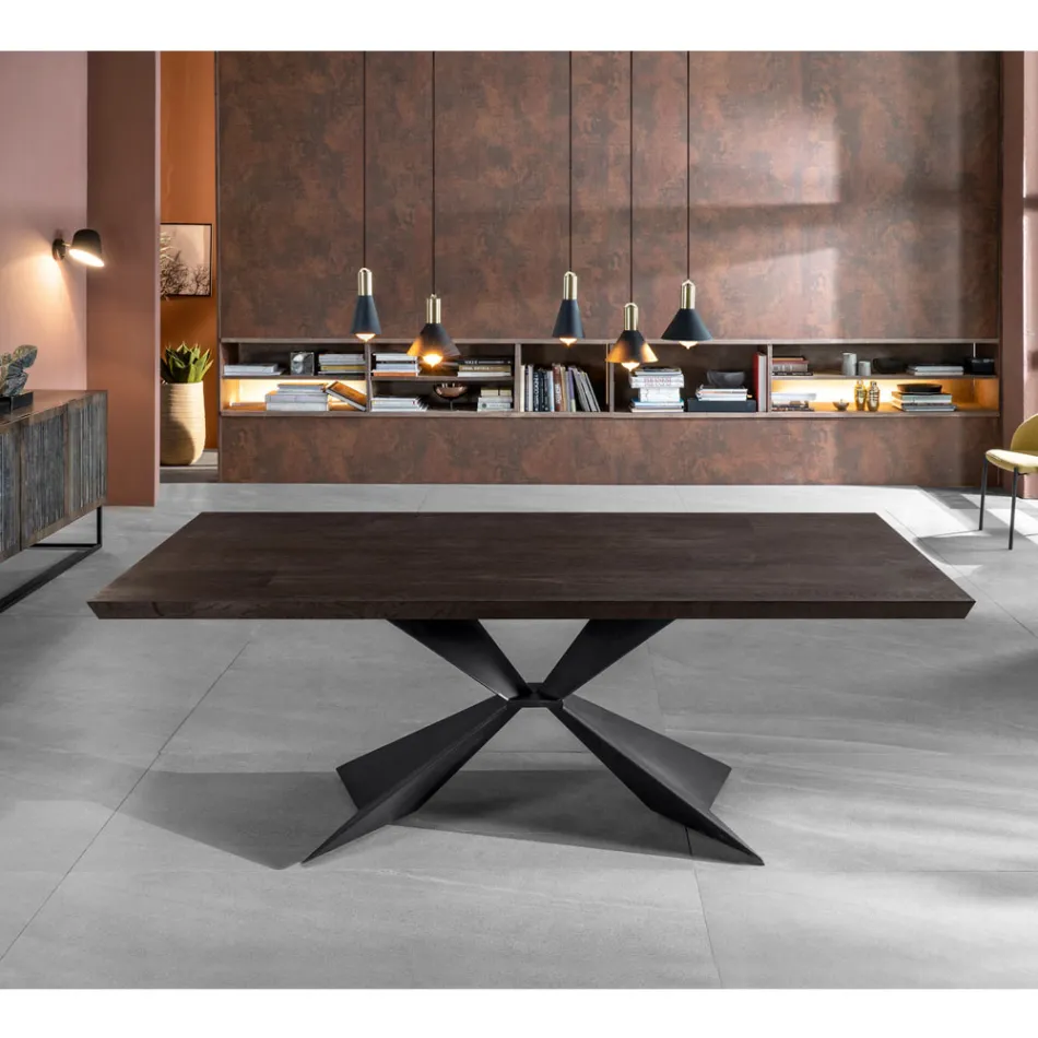 Pevný stůl s kovovou základnou a dýhovanou dubovou deskou - námořnictvo Viadurini