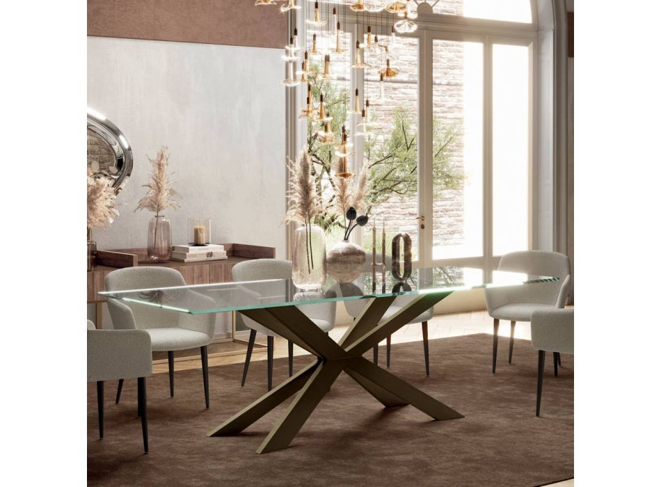 Pevný stůl s reverzní hranou z extra čirého skla a oceli Made in Italy - Grotta Viadurini