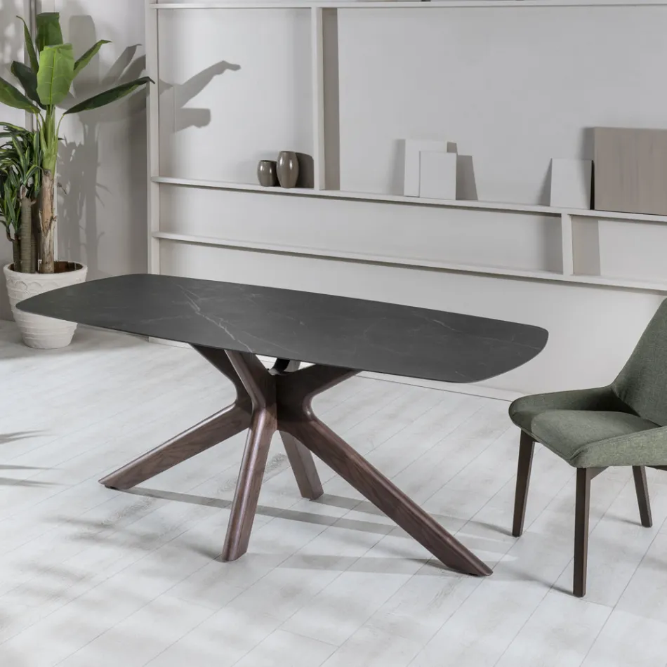 Pevný stůl s keramickou deskou a podnoží z masivního ořechového dřeva – oranžová Viadurini