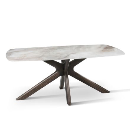 Pevný stůl s keramickou deskou a podnoží z masivního ořechového dřeva – oranžová Viadurini