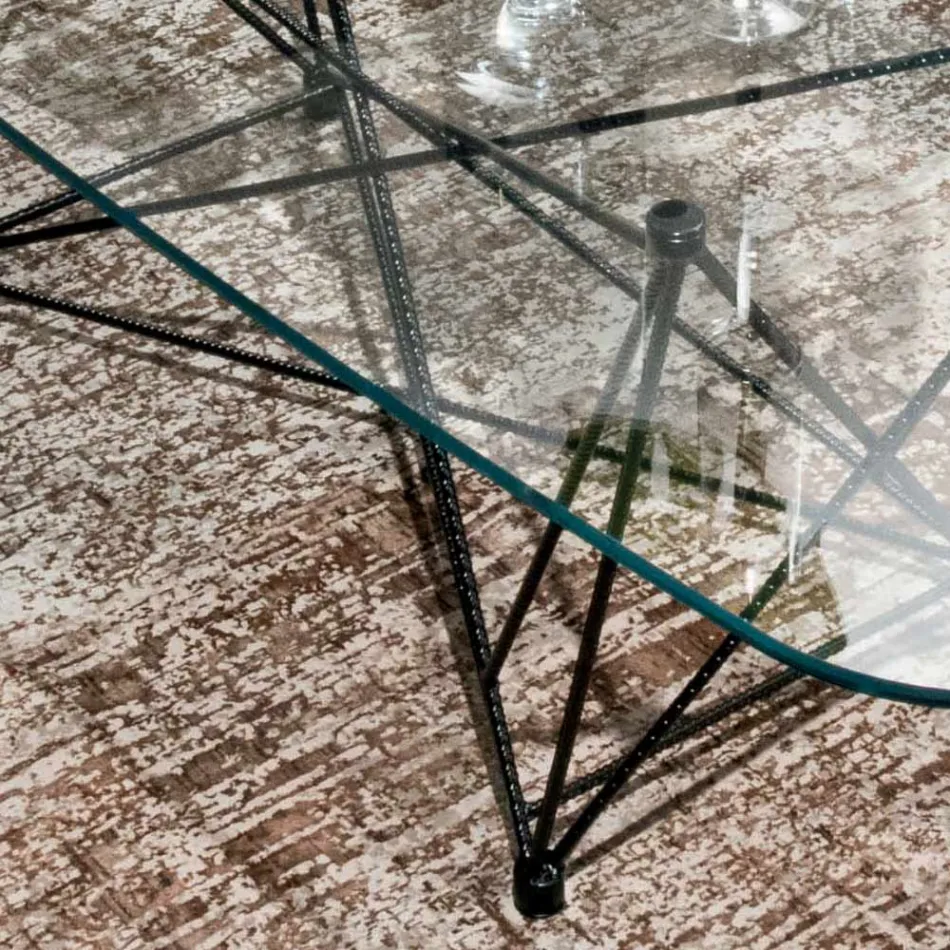 Pevný stůl se skleněnou deskou ve tvaru sudu a ocelovou základnou Made in Italy - Ezzellino Viadurini