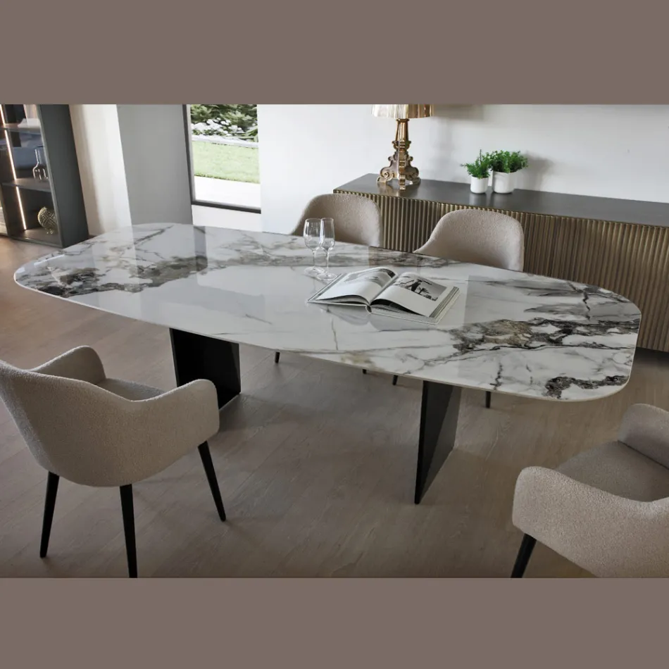 Pevný stůl z kovu a keramické desky Arabesque Glossy - Eronte Viadurini