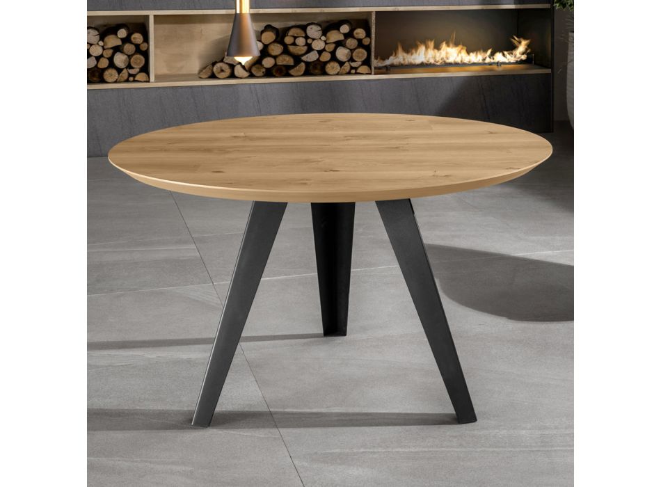 Pevný kulatý stůl s deskou z dubové dýhy a kovovou základnou - Cyclamen Viadurini
