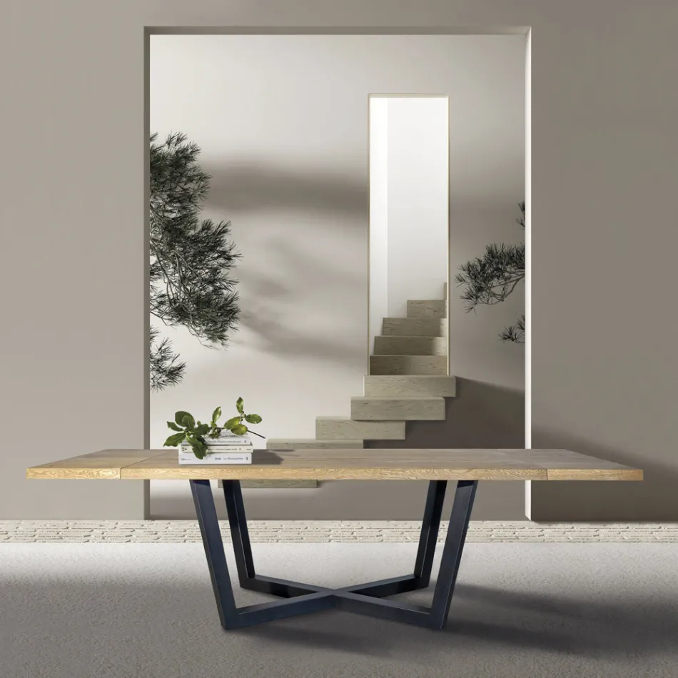 Vázaný dubový stůl s kovovou základnou v šedé barvě Vyrobeno v Itálii - Gonna Viadurini