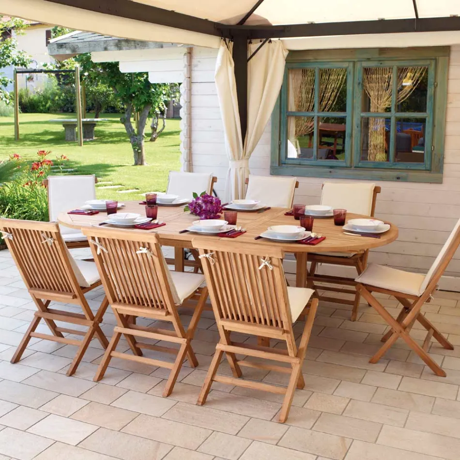 Venkovní oválný stůl rozkládací na 240 cm vyrobený z teaku - břečťanu Viadurini